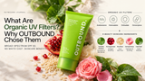 OUTBOUND Active Ready SPF 50 with organic UV filters and K-Beauty skincare ingredients including Centella Asiatica, pomegranate, rice bran, Damask rose, and heartleaf