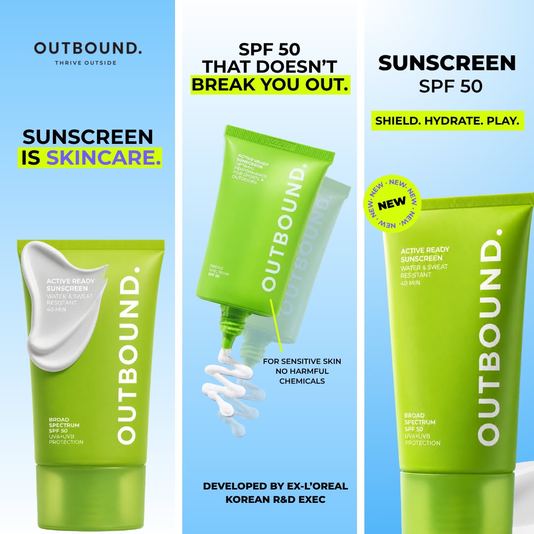 Three promotional panels for OUTBOUND sunscreen show the product tube in bright green on a light blue gradient background. Text highlights SPF 50 protection and phrases like 'SUNSCREEN IS SKINCARE' and 'SHIELD, HYDRATE, PLAY.