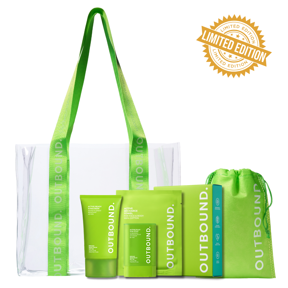 Outbound sun care product trio set with transparent tote bag and drawstring ball bag on a white background