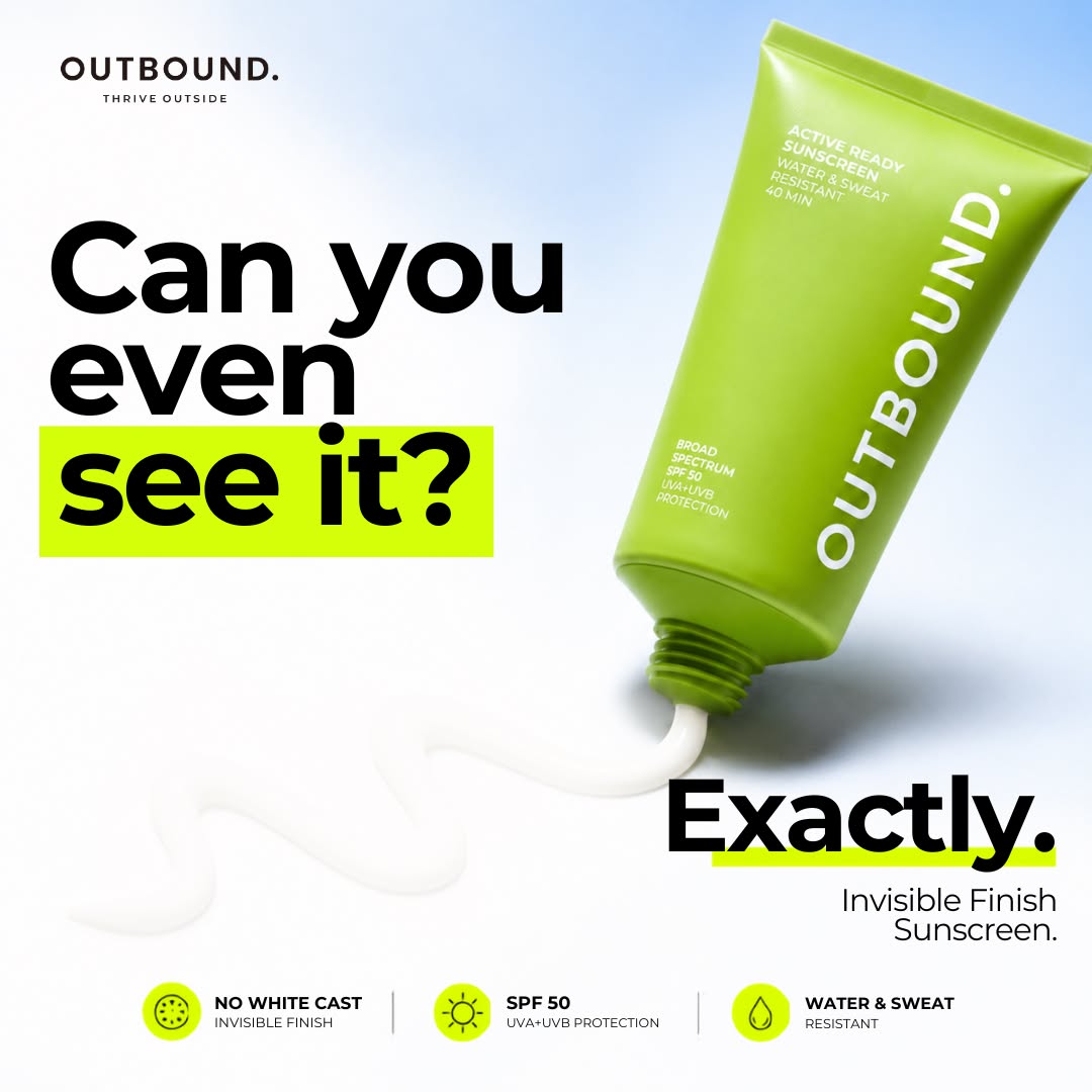 A promotional graphic for OUTBOUND Invisible Finish Sunscreen showing a bright green squeeze tube of sunscreen on a white background with text reading 'Can you even see it? Exactly. Invisible Finish Sunscreen.