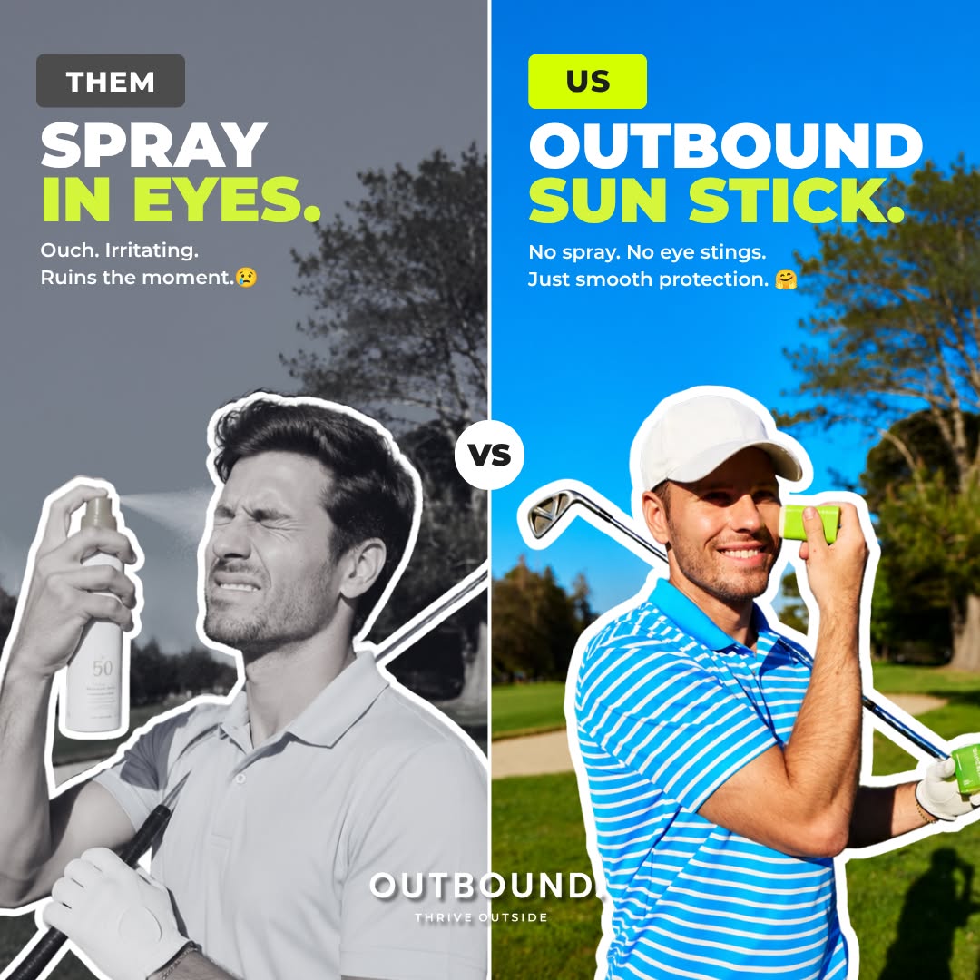 A split comparison graphic for Outbound Sun Stick sunscreen. The left side, labeled 'THEM SPRAY IN EYES' emphasizing no eye sting feature of Outbound sun stick.
