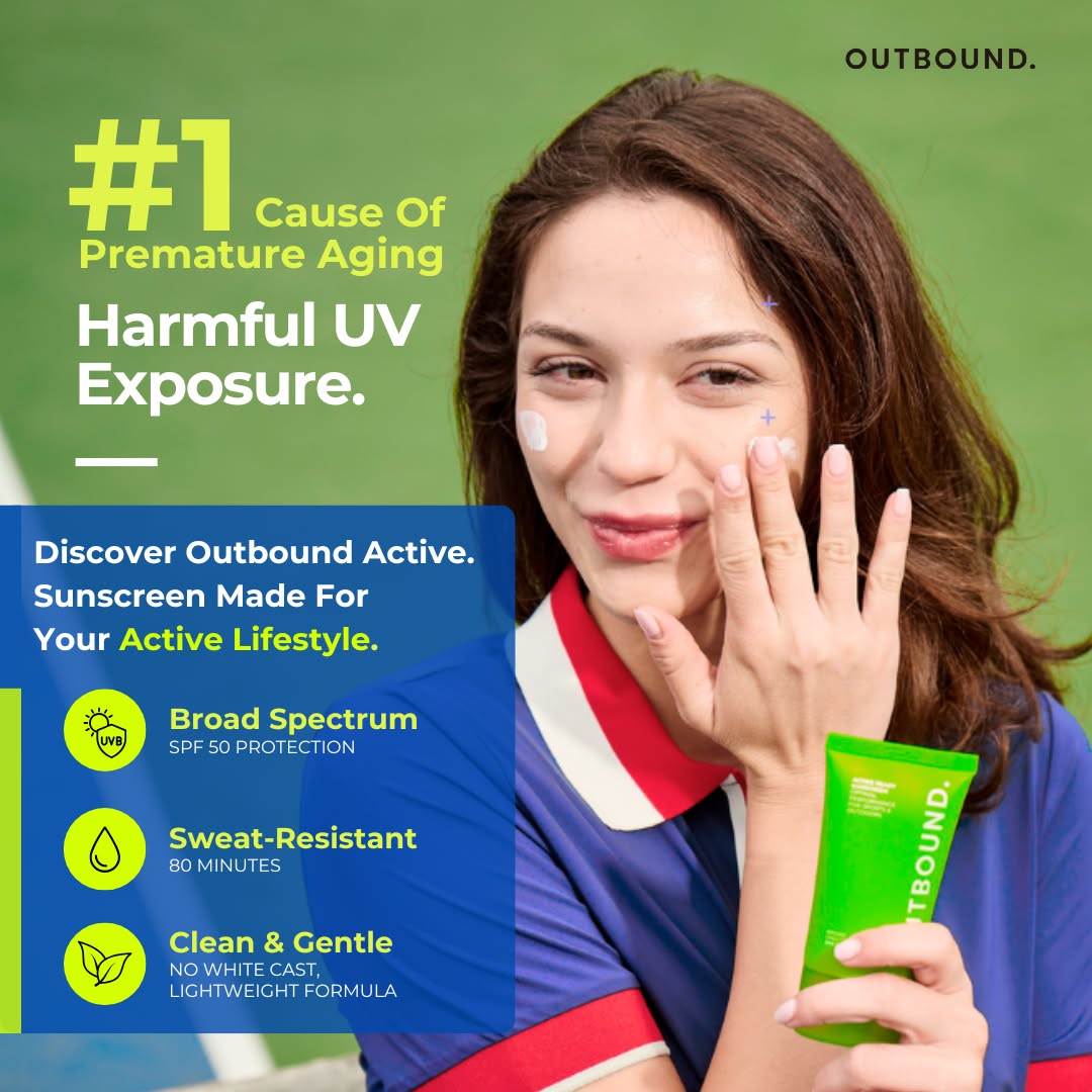 A woman in a blue and red sports jersey applies sunscreen to her face while holding a green tube of Outbound Active sunscreen. The graphic features a green background with text highlighting the benefits of UV protection and product features like broad spectrum SPF 50 and sweat resistance.