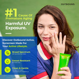 A woman in a blue and red sports jersey applies sunscreen to her face while holding a green tube of Outbound Active sunscreen. The graphic features a green background with text highlighting the benefits of UV protection and product features like broad spectrum SPF 50 and sweat resistance.