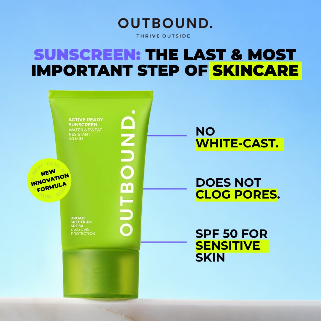 A bright lime green tube of OUTBOUND Active Ready Sunscreen SPF 50 on a light blue gradient background with marketing text callouts: No White Cast, Does not clog pores. SPF 50 for sensitive skin.