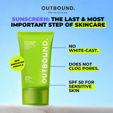 A bright lime green tube of OUTBOUND Active Ready Sunscreen SPF 50 on a light blue gradient background with marketing text callouts: No White Cast, Does not clog pores. SPF 50 for sensitive skin.