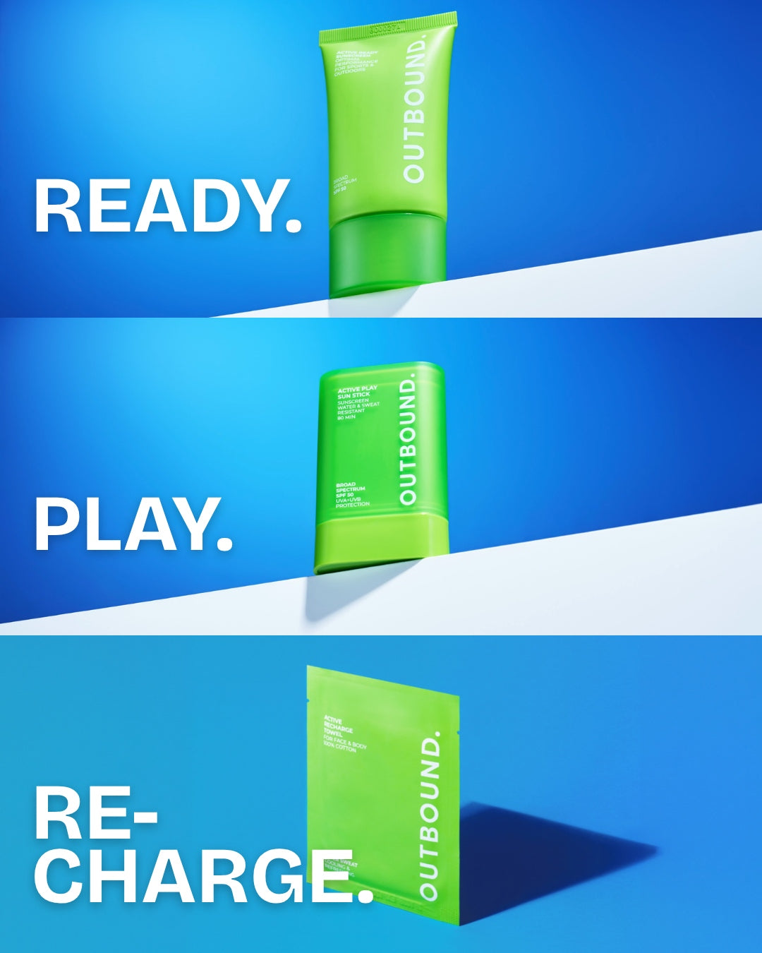 Three stacked promotional panels show the same bright green Outbound skincare tube in different positions on a blue and white graphic background, with large text reading READY., PLAY.