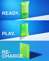 Three stacked promotional panels show the same bright green Outbound skincare tube in different positions on a blue and white graphic background, with large text reading READY., PLAY.