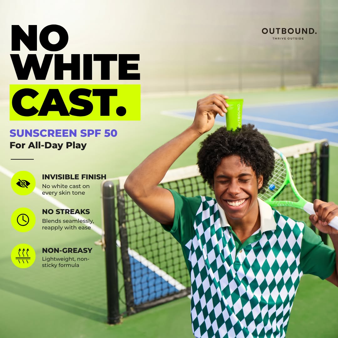 A smiling man on a tennis court holds a green sunscreen tube on his head while wearing an Outbound brand green and white argyle shirt. The left side features text promoting 'NO WHITE CAST.
