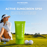 A bright green tube of OUTBOUND Active Sunscreen SP50 is shown on a golf course with two golf balls, alongside a woman in a white golf outfit sitting nearby. The background is a sunny blue sky.