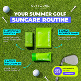 Promotional graphic for OUTBOUND summer golf suncare routine on a green grass background, showing three product items: Outbound Play sun stick SPF 50, Ready Sunscreen SPF 50 tube, and a Recharge Towel, with callout arrows and text explaining use. Golf balls, tees, and a golf club are styled around the products, and a yellow discount badge appears in the bottom right.