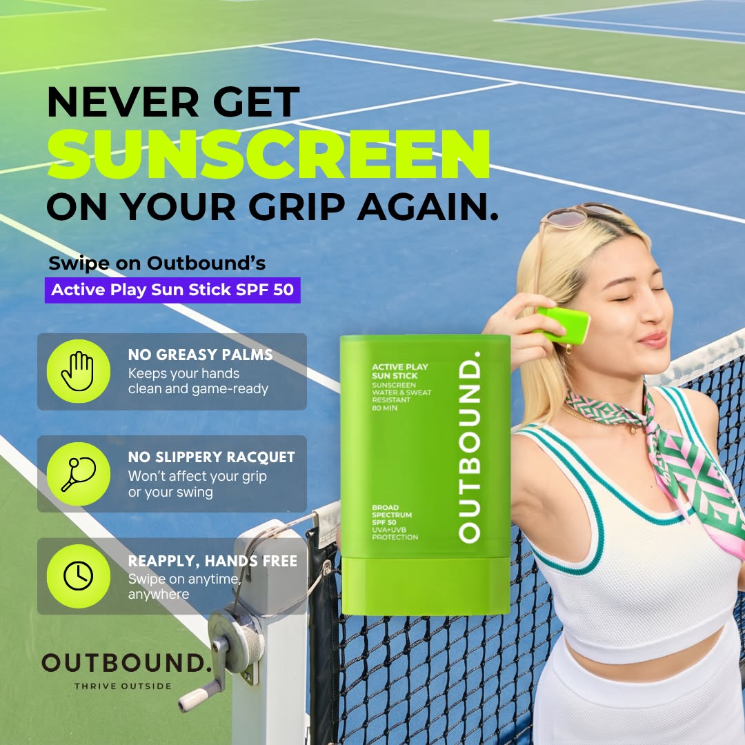 A woman on a tennis court holds an OUTBOUND Active Play Sun Stick SPF 50 sunscreen stick. The ad features bold text promoting the product and lists key benefits like no greasy palms and no slippery racquet.