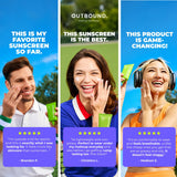 A three-panel promotional banner for Outbound Sunscreen SPF 50, featuring three smiling athletes outdoors applying or wearing sunscreen, with bold text and purple review cards at the bottom of each panel. Reviews read "This is my favorite sunscreen", "This sunscreen is the best", and "This product is game-changing."