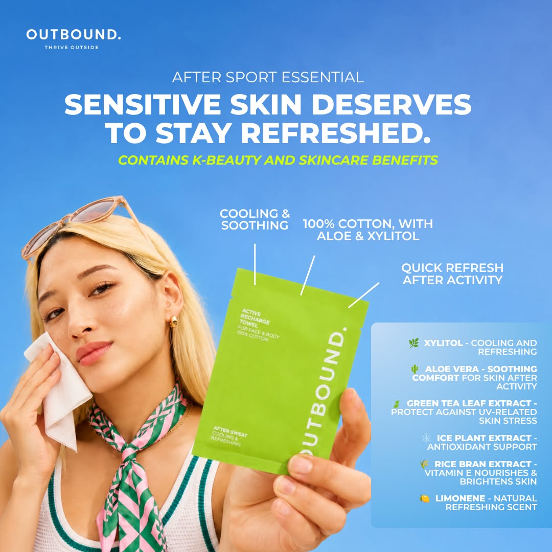 A woman in a white and green athletic top holds an OUTBOUND after-sport essential refreshing wipes against a bright blue background. The image includes promotional text highlighting cooling, soothing, and 100% cotton with aloe and xylitol.