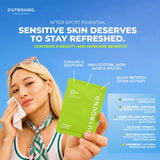 A woman in a white and green athletic top holds an OUTBOUND after-sport essential refreshing wipes against a bright blue background. The image includes promotional text highlighting cooling, soothing, and 100% cotton with aloe and xylitol.