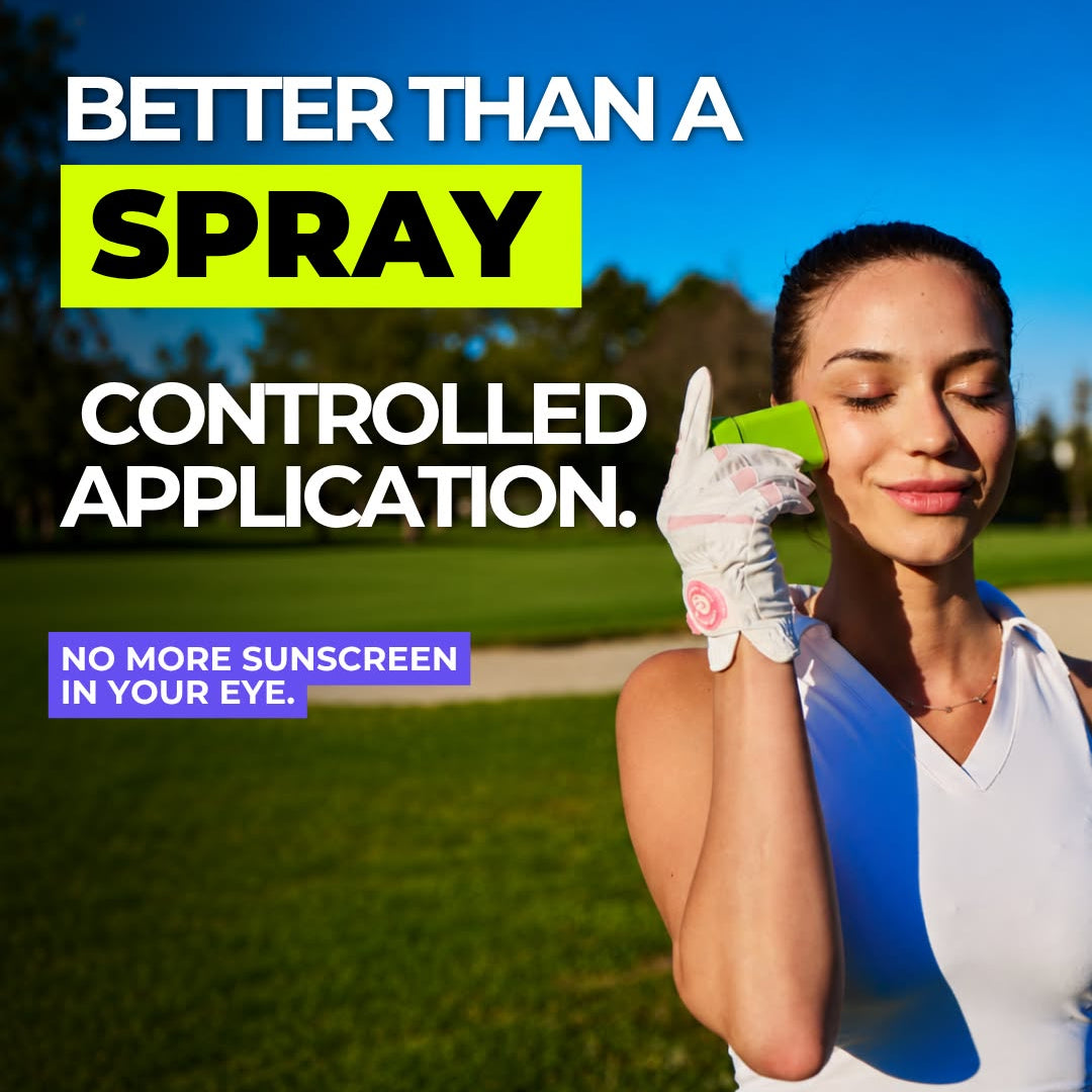 Outdoor promotional graphic for Outbound sunscreen with a woman on a golf course holding a green sun stick on her cheeks. Large text reads 'Better than a spray controlled application.